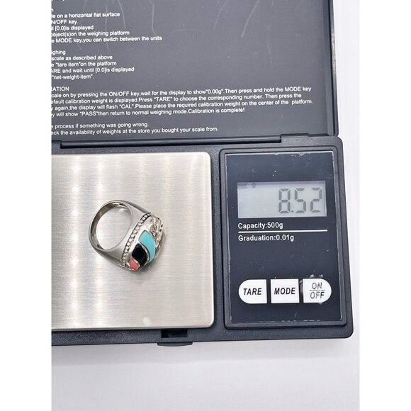 Vintage 925 Sterling Silver Inlay Ring SZ 6.5 Turquoise Onyx Coral Southwest - Picture 10 of 11